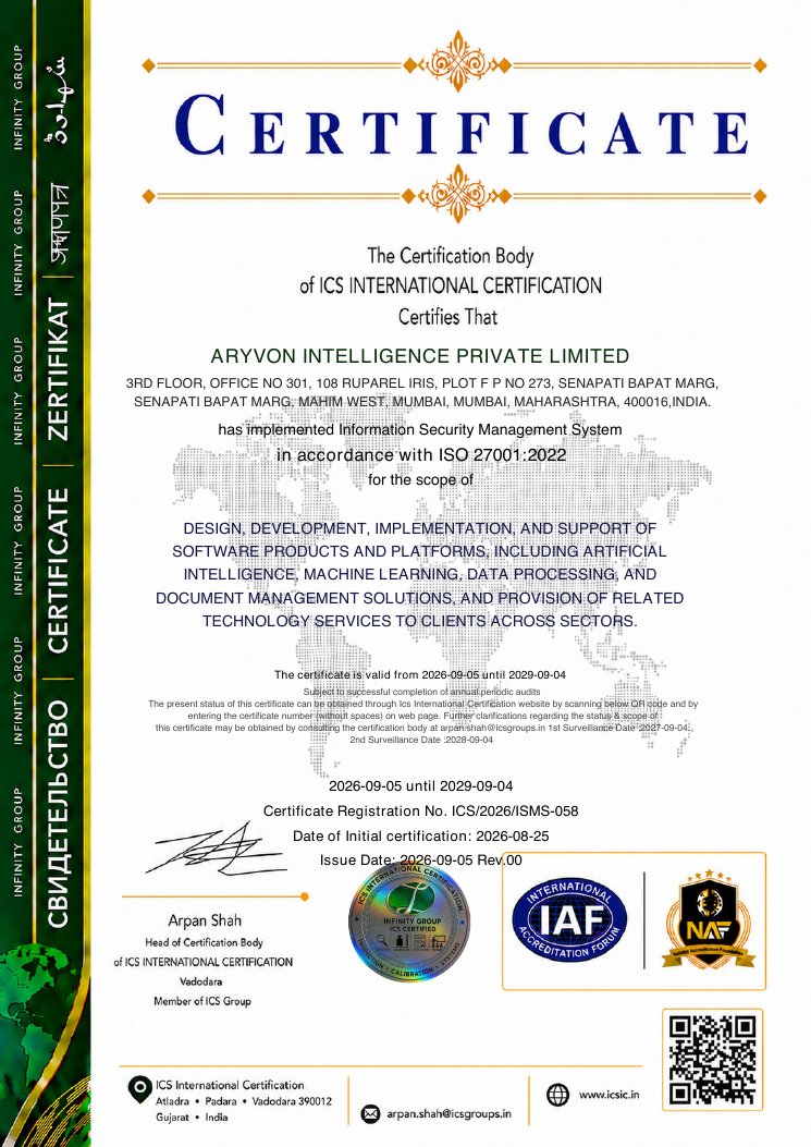 ISO 27001:2022 certificate — Aryvon Intelligence